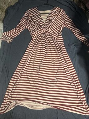 Striped Burgundy and White V-Neck Midi Dress
